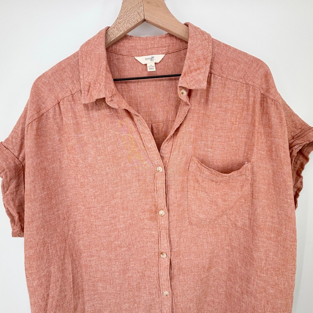 Terra & Sky Linen Blend Button Shirt 1X Coral Pink Short Sleeve Plus Size Blouse - Picture 3 of 8